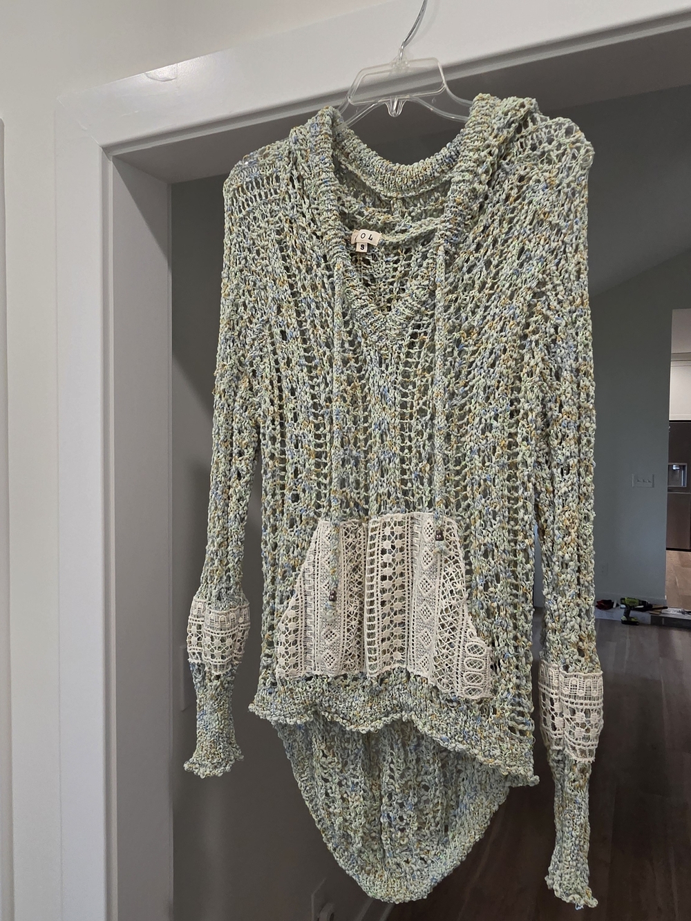 POL Crochet V-Neck Hooded Sweater - Light Sage Multi with Cream Lace